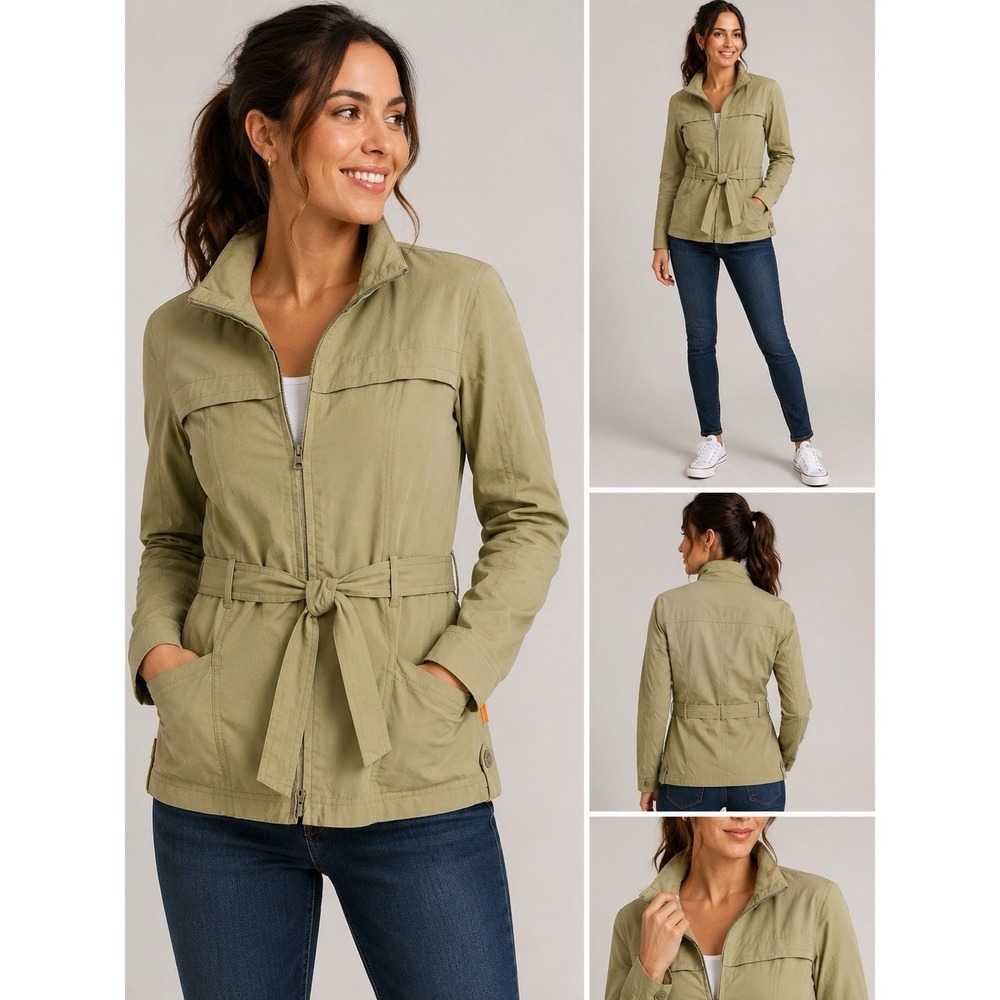 Lucy Women's Utility Jacket Small Khaki Belted Full Zip Stretch Cotton Travel